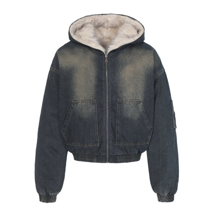 Giacca in denim squadrata con pelliccia | Denim lavato